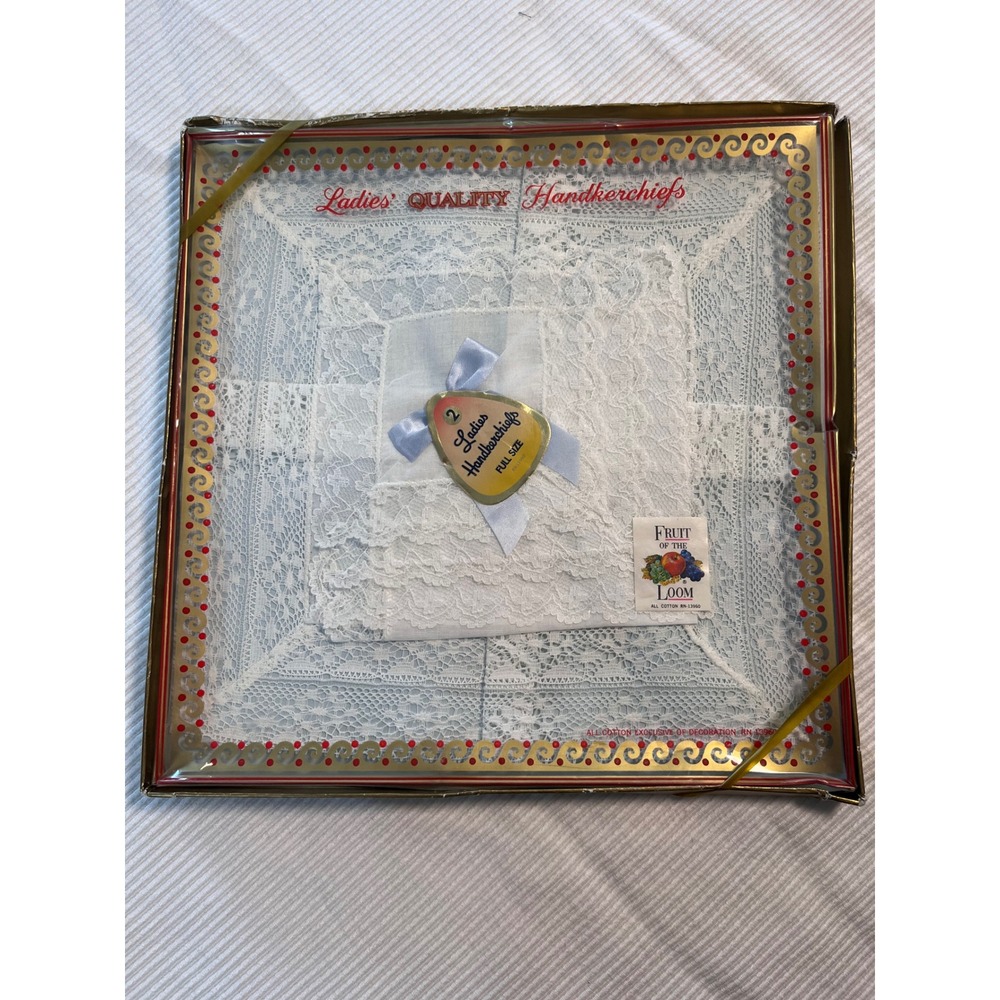 Vintage Fruit of the Loom White Cotton Lace Handkerchiefs Set of 2 Box RN13960